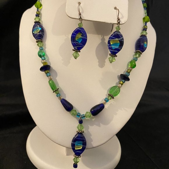 One of a kind glass bead necklace and earrings - Picture 1 of 7